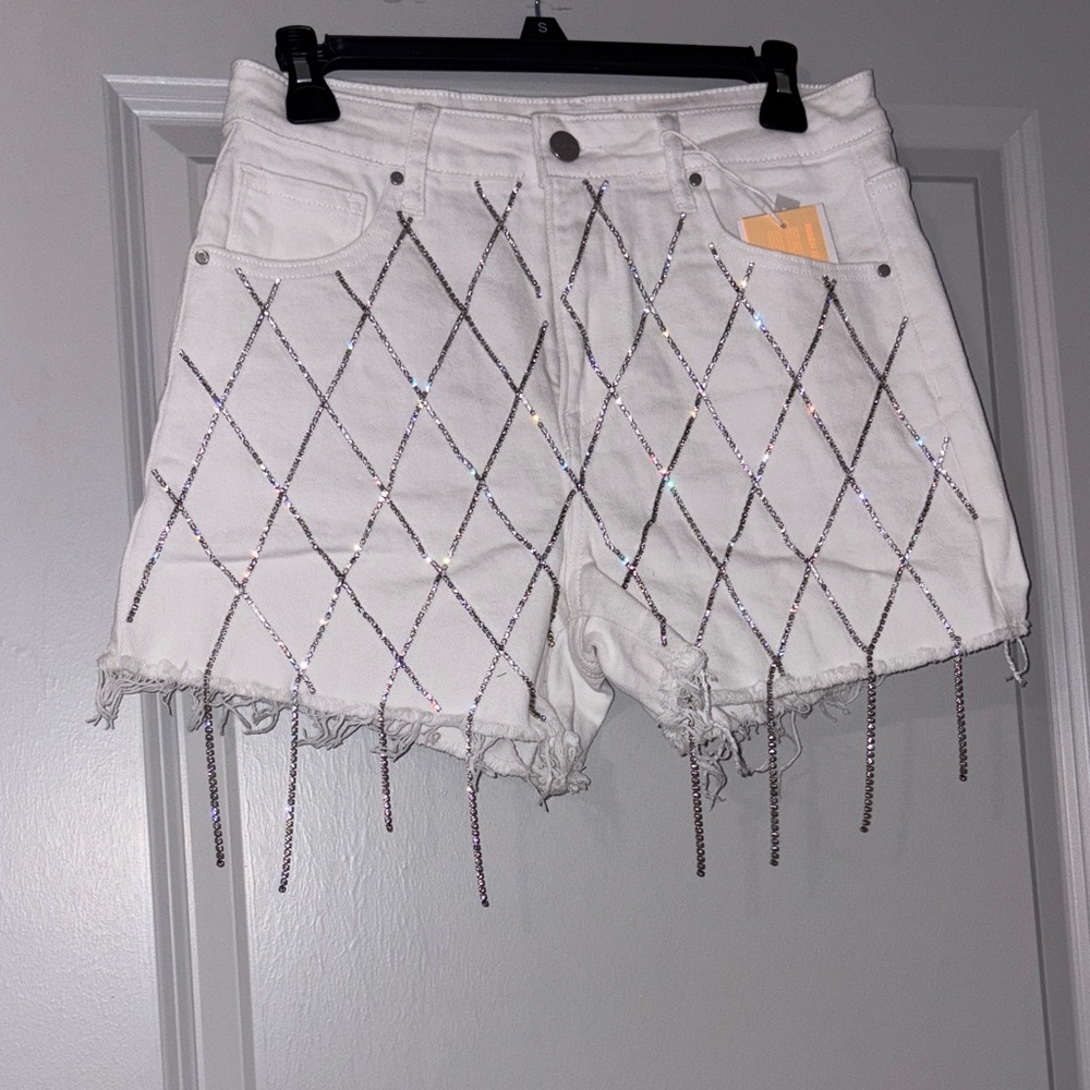 Stylish White Embellished Jean Shorts